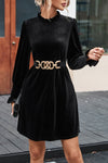 Black Velvet Frill Neck Long Sleeve Shift Dress-Dresses-MomFashion