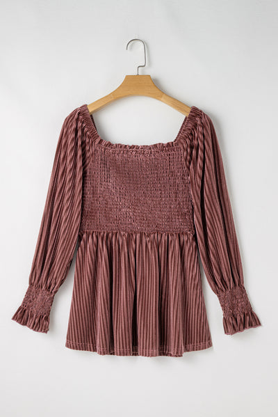 Pink Smocked Ribbed Velvet Babydoll Top-Tops-MomFashion