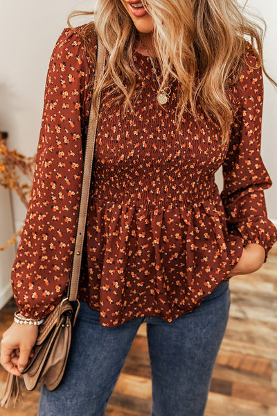 Boho Floral Smocked Bust Ruffled Peplum Blouse-Tops-MomFashion