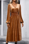 Camel Wrap V Neck Smocked High Waist Velvet Midi Dress-Dresses-MomFashion