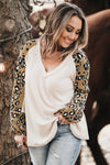 Beige Printed Plus Size Waffle Knit Contrast Leopard Long Sleeve Top-Plus Size-MomFashion