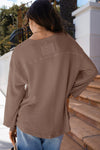 Coffee Waffle V Neck Long Sleeve Drop Shoulder Loose Blouse-Tops/Blouses & Shirts-MomFashion