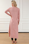 Pink Ribbed Button-Up Split Duster Cardigan-Tops-MomFashion