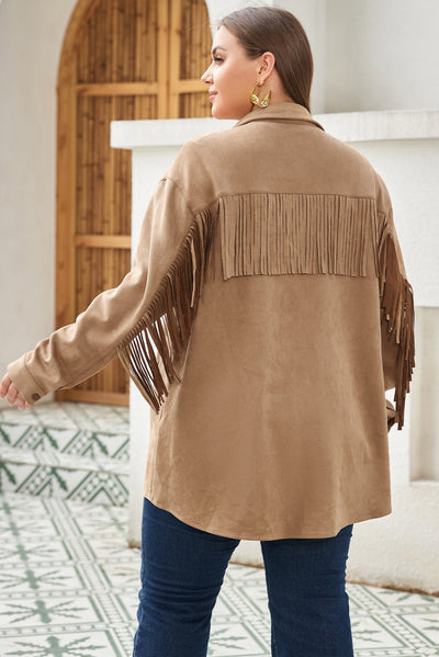 Khaki Fringe Trim Plus Size Suede Shacket-Plus Size-MomFashion