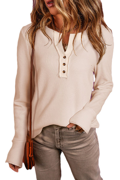 Beige Waffle Knit Textured Henley Top-Tops-MomFashion