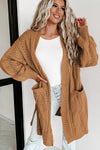 Khaki Ribbed Trim Eyelet Cable Knit Cardigan-Tops-MomFashion