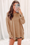 Khaki Waffle Knit High Slits Oversized Top-Tops-MomFashion