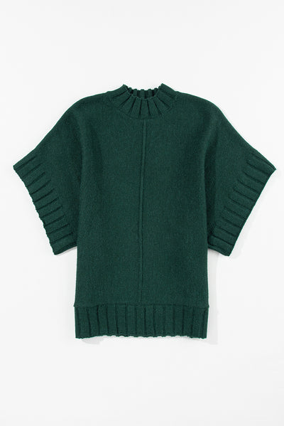 Blackish Green Mock Neck Batwing Short Sleeve Knit Sweater-Tops-MomFashion