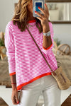 Pink Contrast Trimmed Striped Drop Shoulder Sweater-Tops-MomFashion