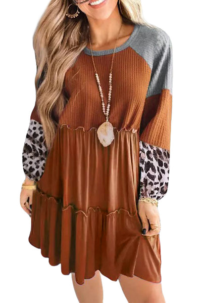 Brown Waffle Knit Leopard Patchwork Long Sleeve Dress-Dresses-MomFashion