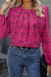 Rose Leopard Print Pleated Blouse with Keyhole-Tops-MomFashion