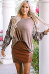 Pale Chestnut Ruffle Tiered Floral Sleeve Crew Neck Blouse-Tops-MomFashion