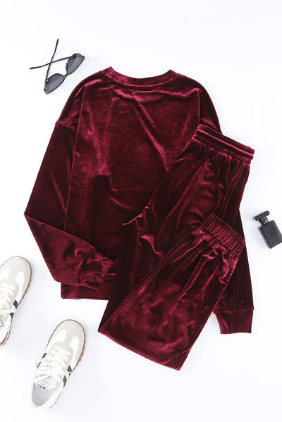 Fiery Red Solid Velvet Two Piece Lounge Set-Loungewear-MomFashion