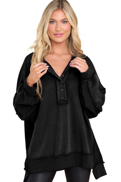 Black Oversized Exposed Seam Henley Sweatshirt-Tops-MomFashion