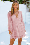 Pink Layered Ruffled Open Back Puff Sleeve Swiss Dot Mini Dress-Dresses-MomFashion