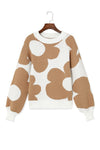 Khaki Big Flower Pattern Drop Shoulder Sweater-Tops-MomFashion