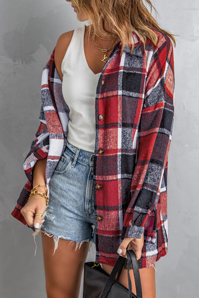 Red Plaid Print Buttoned Shirt Jacket-Outerwear-MomFashion