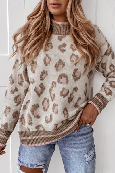 Brown Two-tone Ribbed Trim Contrast Leopard Sweater-Tops-MomFashion