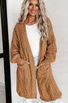 Khaki Ribbed Trim Eyelet Cable Knit Cardigan-Tops-MomFashion