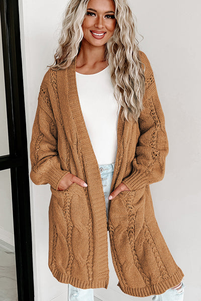 Khaki Ribbed Trim Eyelet Cable Knit Cardigan-Tops-MomFashion