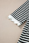 Black Striped Contrast Scallop Trim Half Sleeve T-shirt-Tops-MomFashion