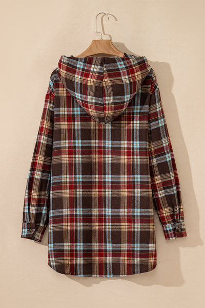 Red Plus Size Plaid Kangaroo Pocket Drawstring Hoodie-Plus Size-MomFashion