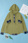 Green Flowy Plaid Accent Waffle Knit Henley Hoodie-Tops-MomFashion