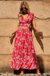 Fiery Red Multicolor Floral Ruffled Crop Top and Maxi Skirt Set-Dresses-MomFashion