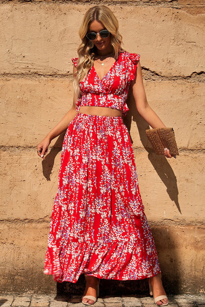 Fiery Red Multicolor Floral Ruffled Crop Top and Maxi Skirt Set-Dresses-MomFashion