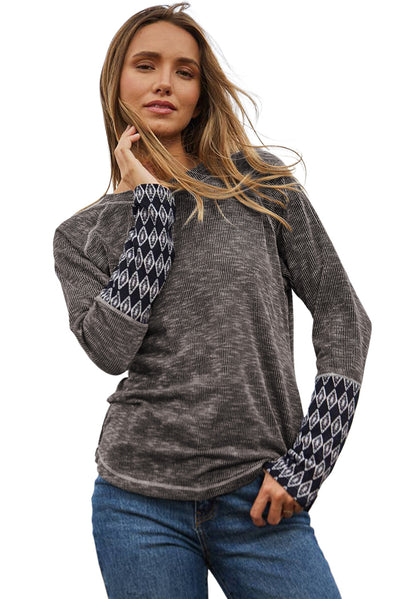 Gray Aztec Patchwork Ribbed Long Sleeve Top-Tops-MomFashion