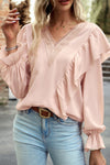 Pink Crochet V Neck Flounce Sleeve Ruffled Blouse-Tops-MomFashion