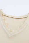 Apricot Ribbed Texture Lace Trim V Neck Long Sleeve Top-Tops-MomFashion