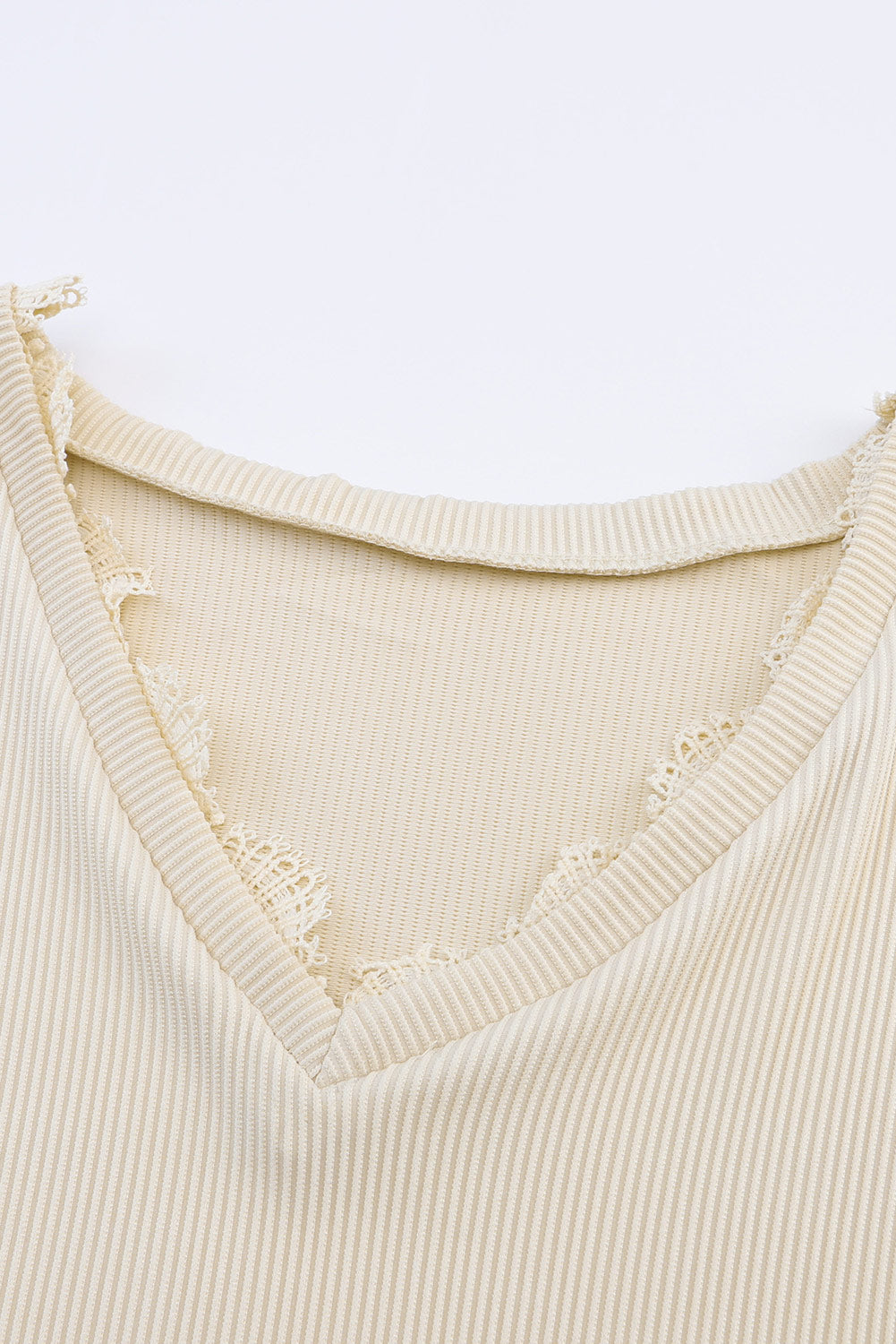 Apricot Ribbed Texture Lace Trim V Neck Long Sleeve Top-Tops-MomFashion