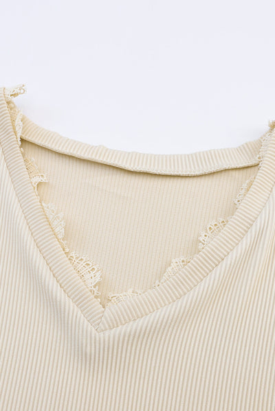 Apricot Ribbed Texture Lace Trim V Neck Long Sleeve Top-Tops-MomFashion