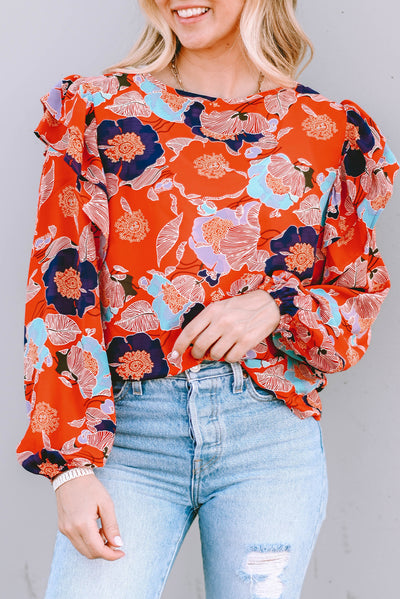 Fiery Red Floral Print Ruffle Puff Sleeve Blouse-Tops-MomFashion