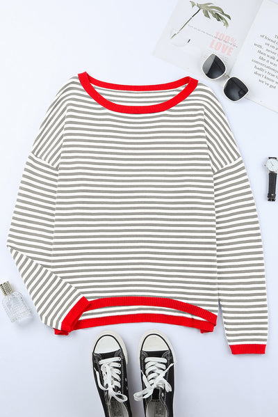 Gray Contrast Trimmed Striped Drop Shoulder Sweater-Tops-MomFashion