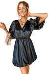 Black Princess Bubble Sleeve Satin Mini Dress-Dresses-MomFashion