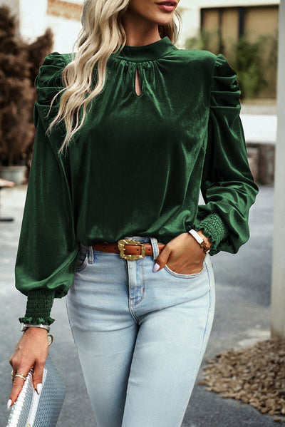 Blackish Green Mock Neck Puff Sleeve Velvet Blouse-Tops-MomFashion