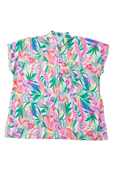 Multicolor Plant Print Button-up Half Sleeve Beach Cover Up-Swimwear-MomFashion