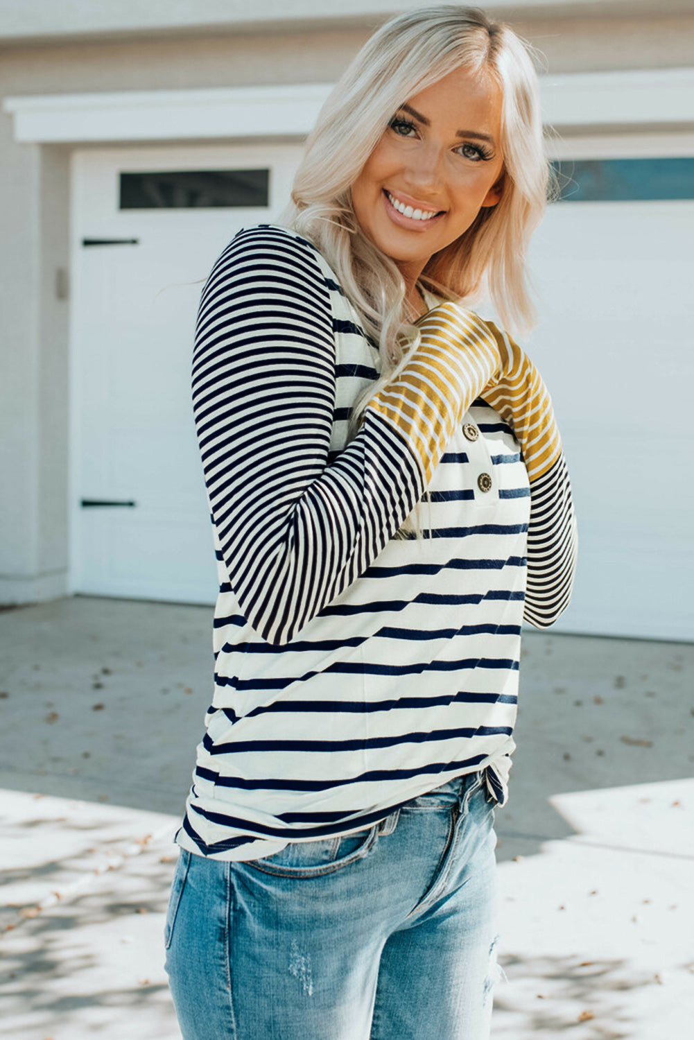 Long Sleeve Stripe Button Henley Top-Tops-MomFashion
