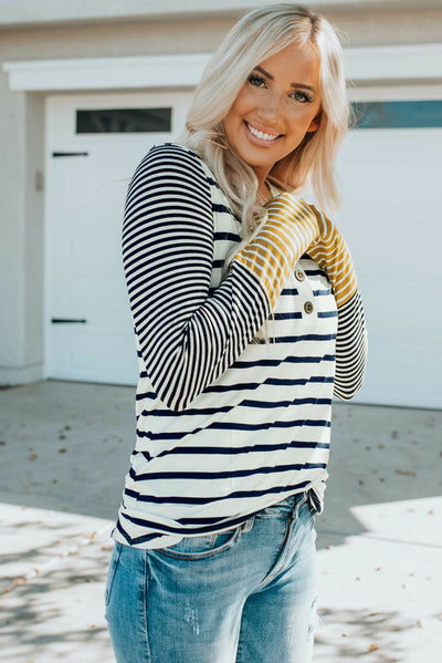 Long Sleeve Stripe Button Henley Top-Tops-MomFashion