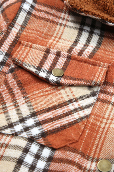 Orange Plaid Pattern Sherpa Lined Hooded Shacket-Outerwear-MomFashion