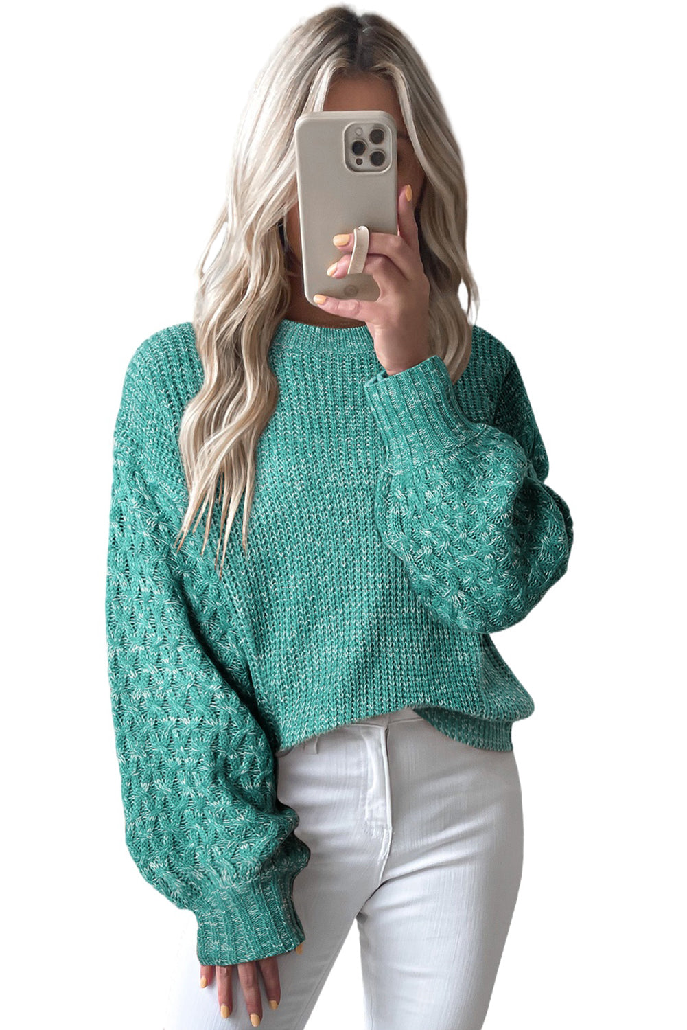 Sea Green Cable Knit Sleeve Drop Shoulder Sweater-Tops-MomFashion