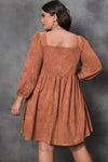 Chestnut Plus Size Suede Square Neck Balloon Sleeve Dress-Plus Size-MomFashion