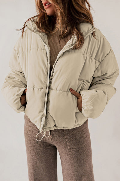 Apricot Zip Up Drawstring Hem Puffer Coat-Outerwear-MomFashion