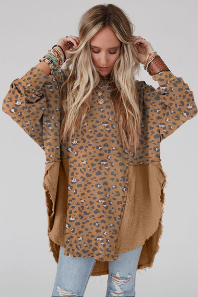 Brown Printed Raw Edge Leopard Patchwork Oversized Blouse-Tops-MomFashion