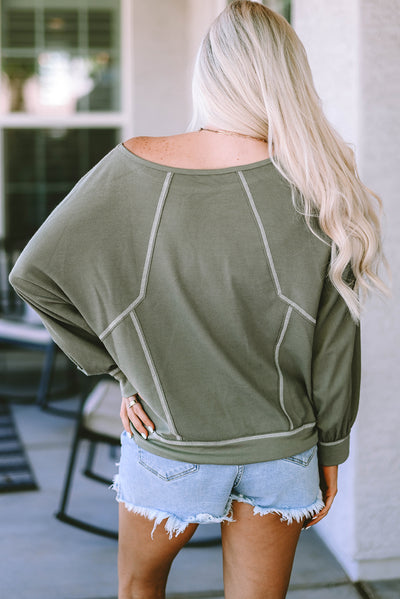 Green Exposed Seam Patchwork Dolman Sleeve Top-Tops-MomFashion