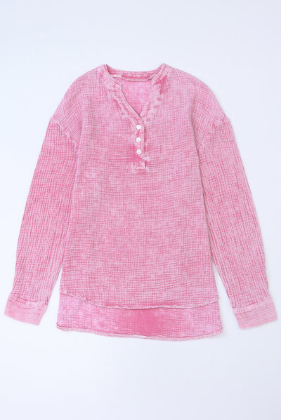 Pink Crinkle Textured Loose Henley Top-Tops-MomFashion