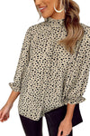 Khaki Frilled Neck 3/4 Sleeves Cheetah Blouse-Tops-MomFashion