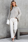 Khaki Striped Turtleneck Loose Sweater-Tops-MomFashion